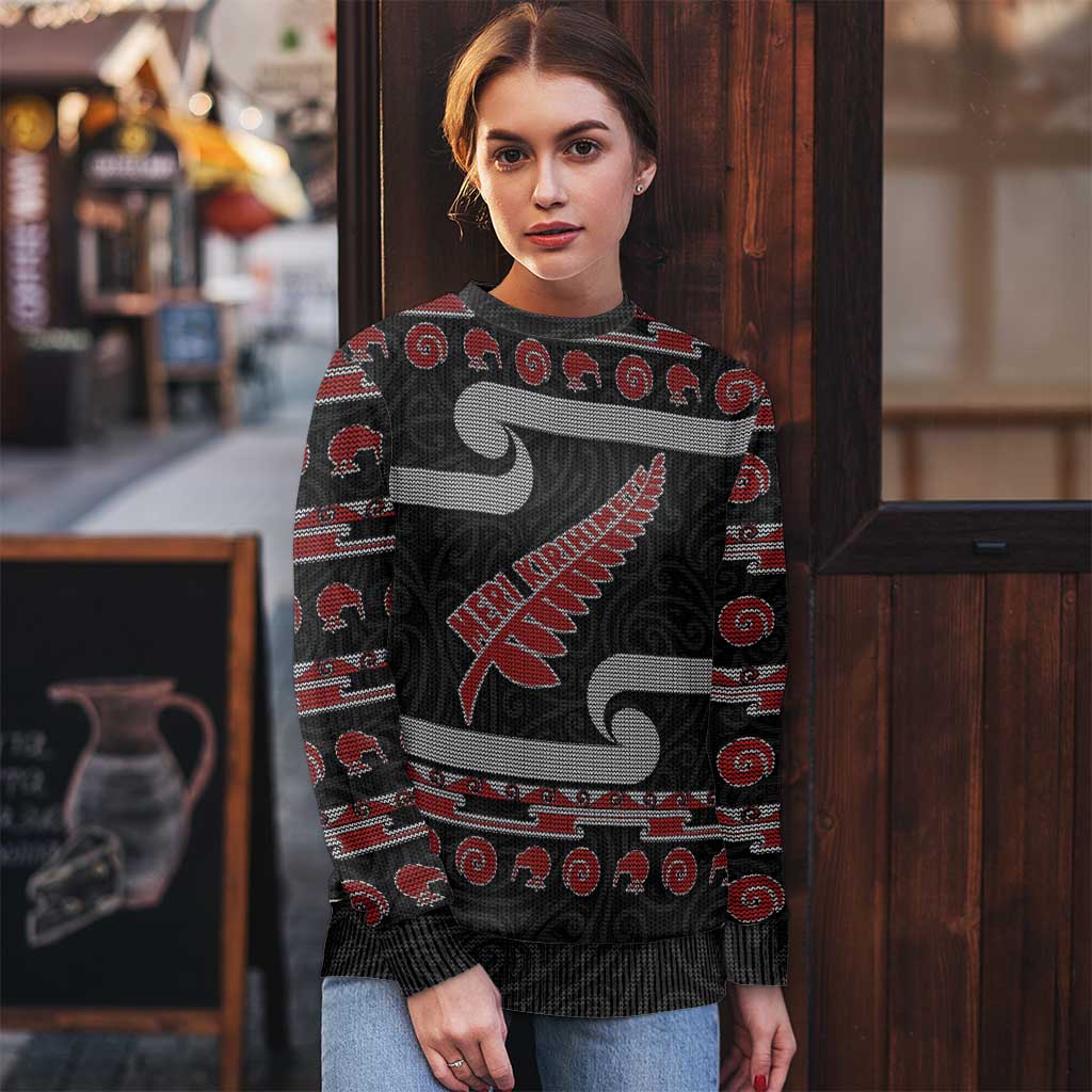 Christmas Ugly Christmas Sweater Meri Kirihimete Silver Fern Knit Style Red Color