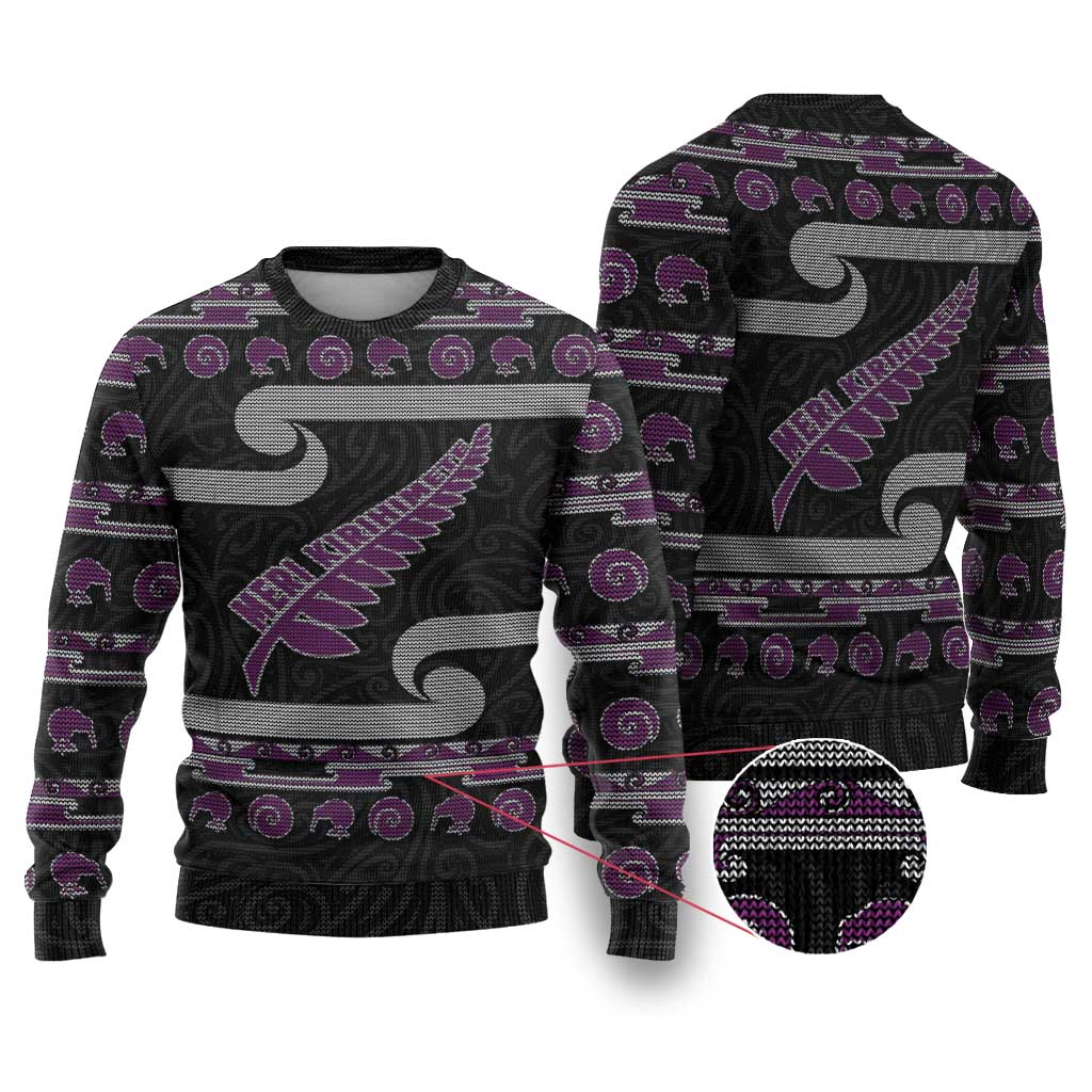 Christmas Ugly Christmas Sweater Meri Kirihimete Silver Fern Knit Style Purple Color