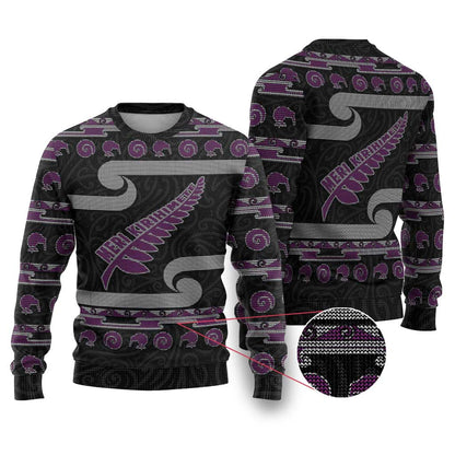 Christmas Ugly Christmas Sweater Meri Kirihimete Silver Fern Knit Style Purple Color