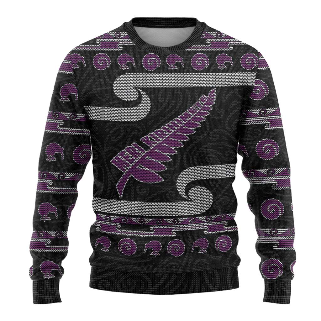 Christmas Ugly Christmas Sweater Meri Kirihimete Silver Fern Knit Style Purple Color
