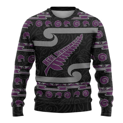 Christmas Ugly Christmas Sweater Meri Kirihimete Silver Fern Knit Style Purple Color