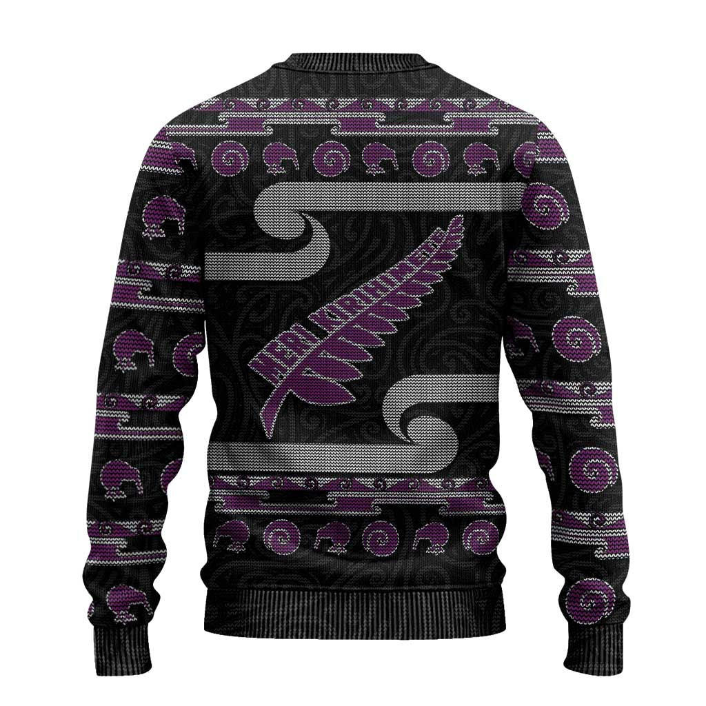 Christmas Ugly Christmas Sweater Meri Kirihimete Silver Fern Knit Style Purple Color