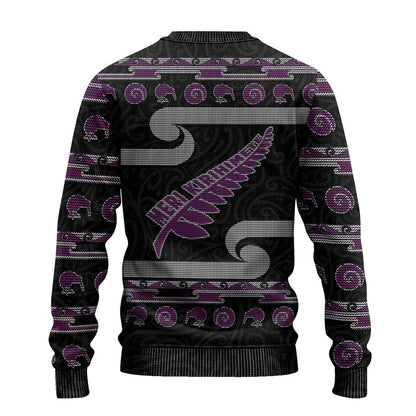 Christmas Ugly Christmas Sweater Meri Kirihimete Silver Fern Knit Style Purple Color