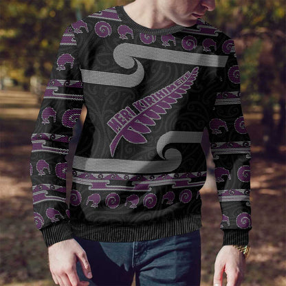 Christmas Ugly Christmas Sweater Meri Kirihimete Silver Fern Knit Style Purple Color