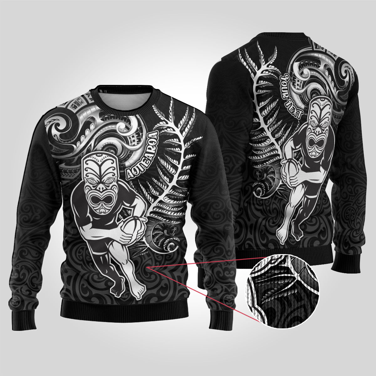 Rugby Ugly Christmas Sweater Maori Warrior Rugby with Silver Fern Sleeve Tribal Ethnic Style