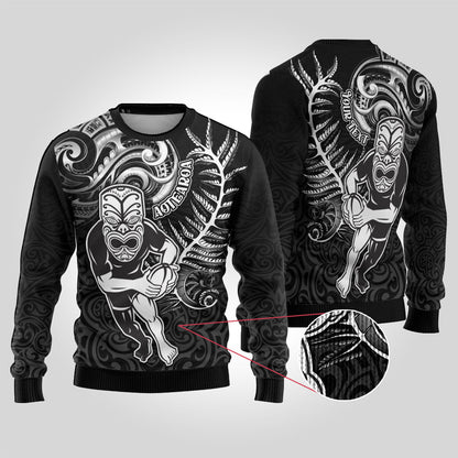 Rugby Ugly Christmas Sweater Maori Warrior Rugby with Silver Fern Sleeve Tribal Ethnic Style