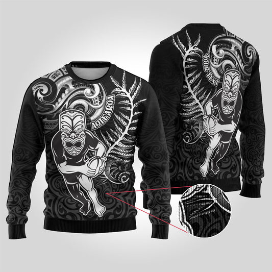Rugby Ugly Christmas Sweater Maori Warrior Rugby with Silver Fern Sleeve Tribal Ethnic Style