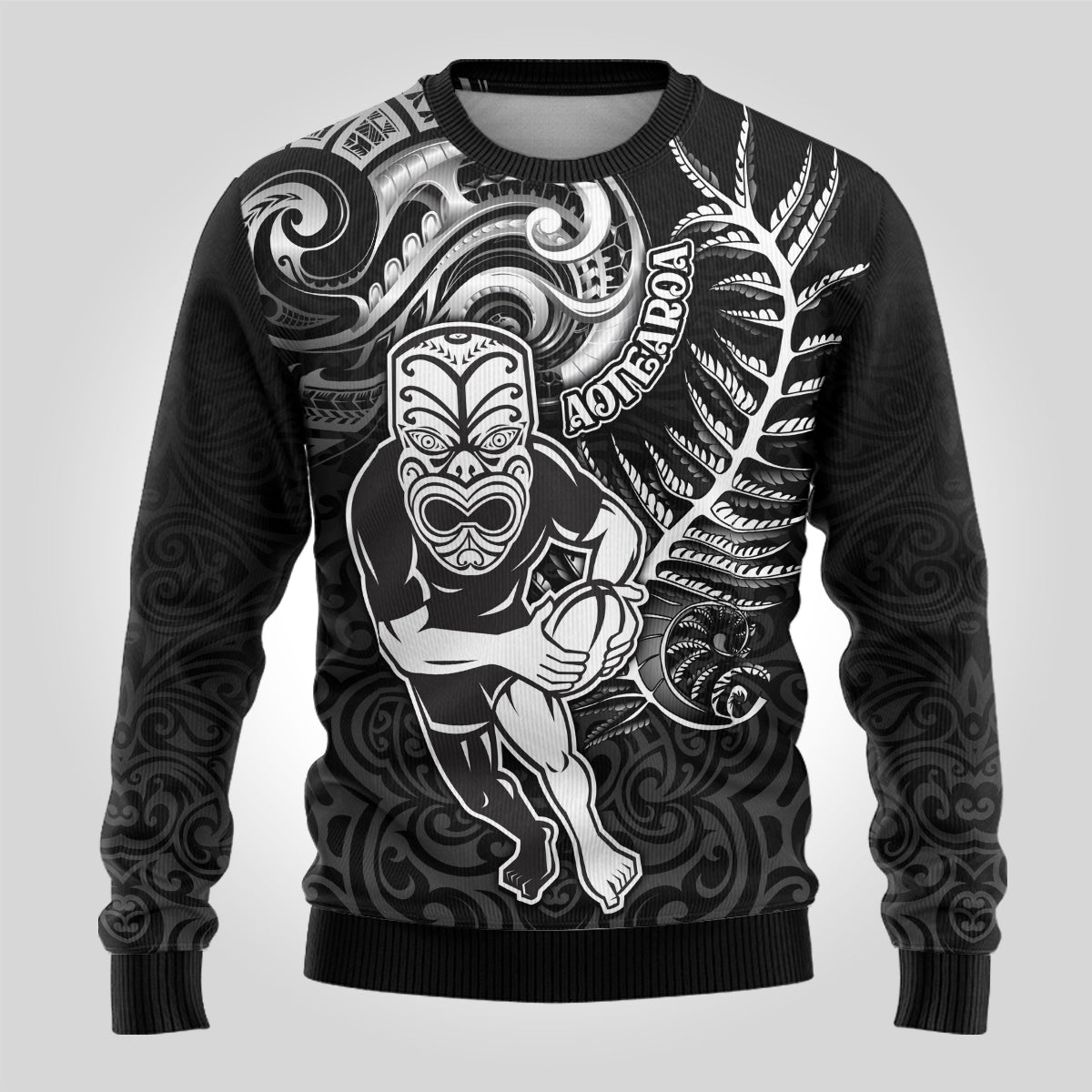 Rugby Ugly Christmas Sweater Maori Warrior Rugby with Silver Fern Sleeve Tribal Ethnic Style