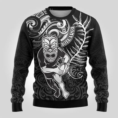 Rugby Ugly Christmas Sweater Maori Warrior Rugby with Silver Fern Sleeve Tribal Ethnic Style