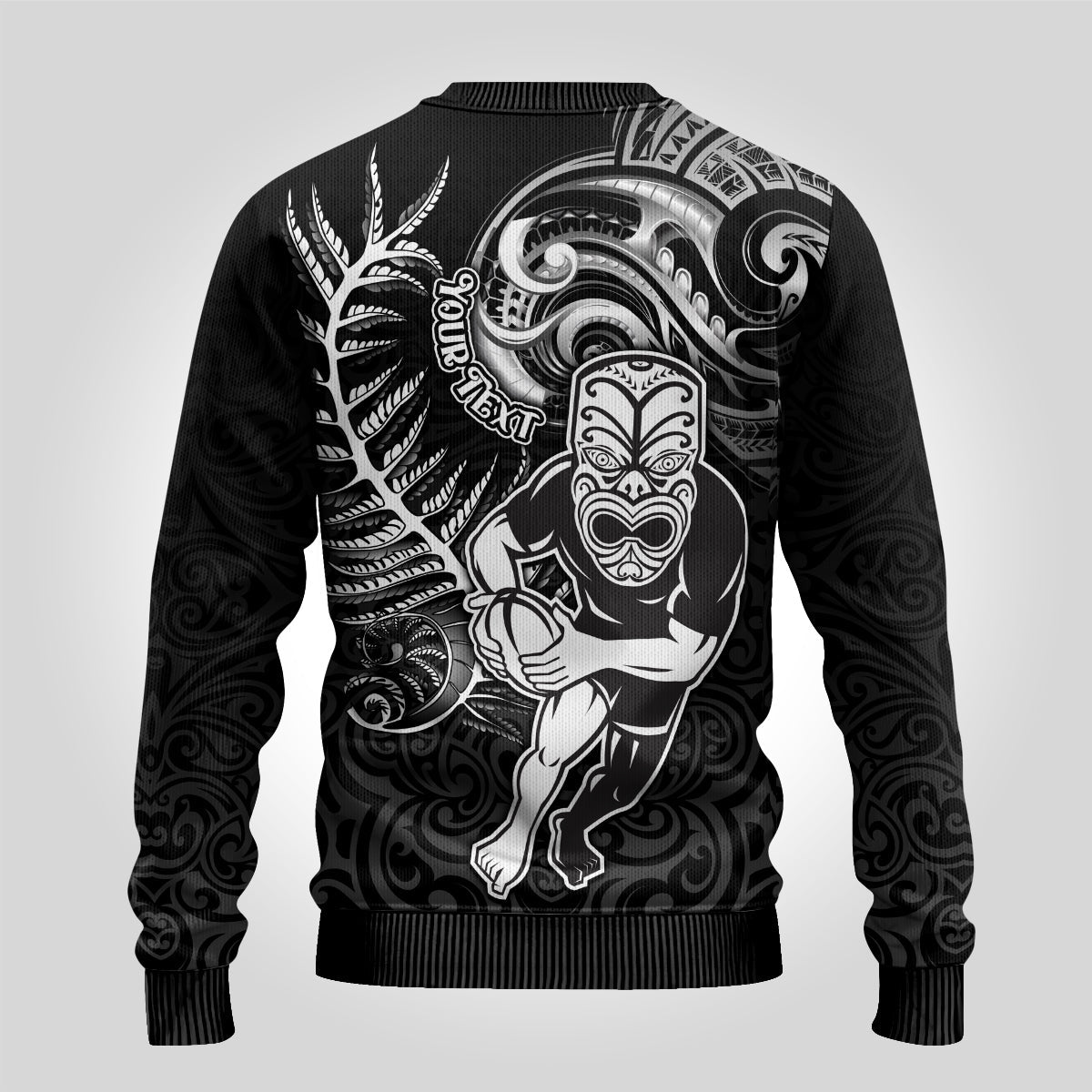 Rugby Ugly Christmas Sweater Maori Warrior Rugby with Silver Fern Sleeve Tribal Ethnic Style