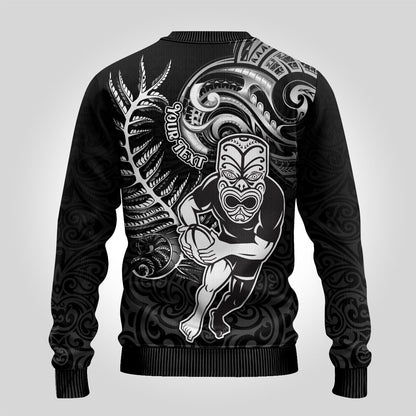 Rugby Ugly Christmas Sweater Maori Warrior Rugby with Silver Fern Sleeve Tribal Ethnic Style