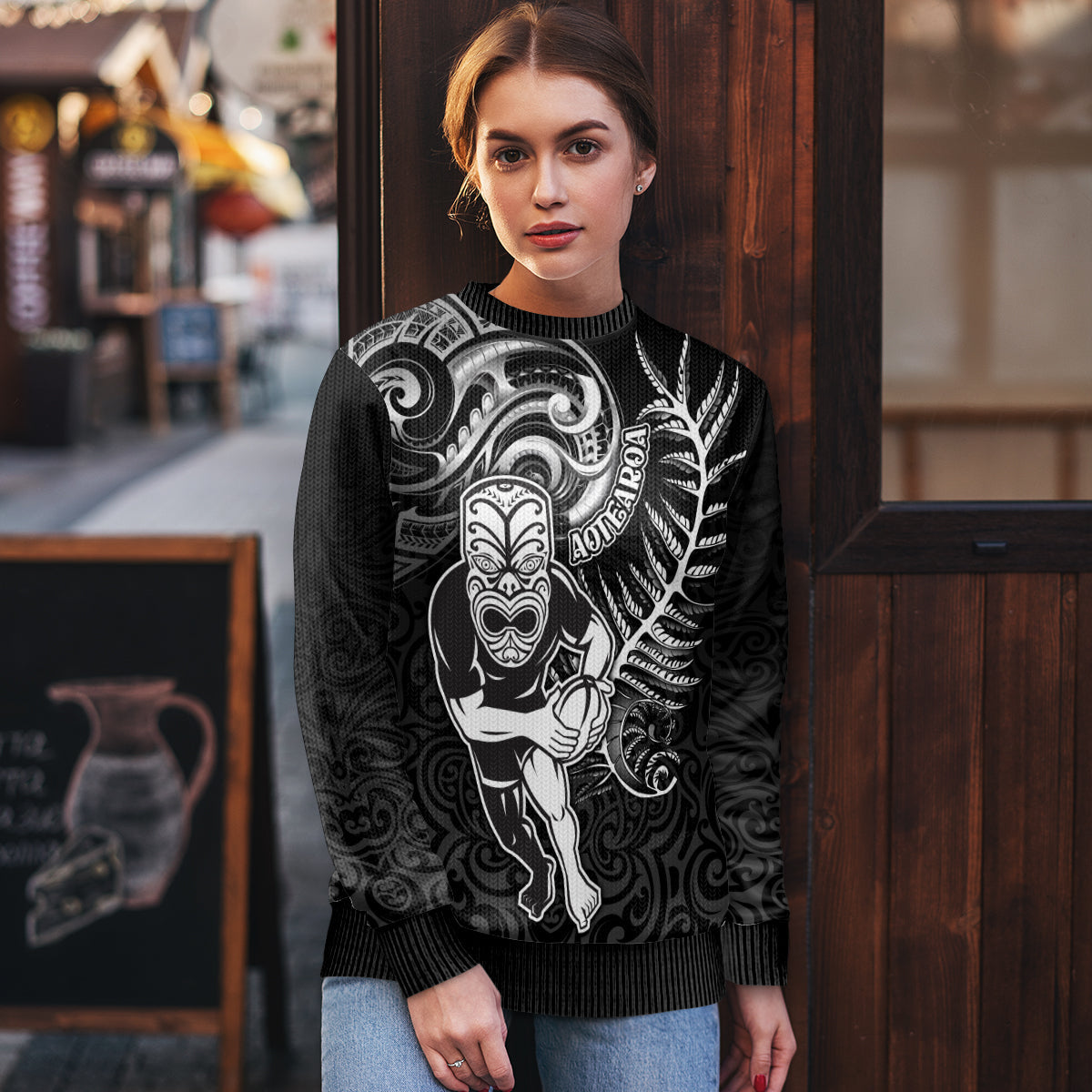 Rugby Ugly Christmas Sweater Maori Warrior Rugby with Silver Fern Sleeve Tribal Ethnic Style