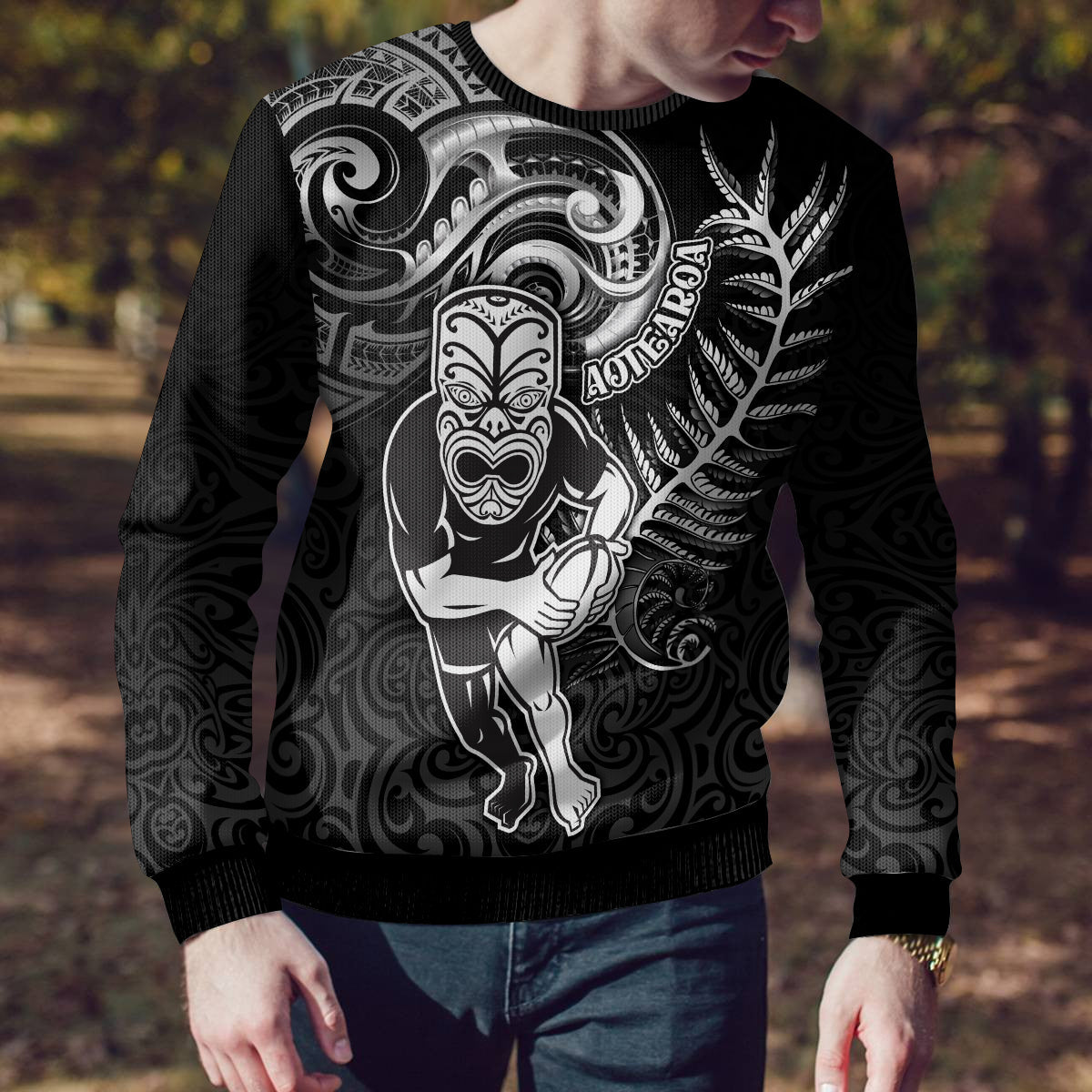 Rugby Ugly Christmas Sweater Maori Warrior Rugby with Silver Fern Sleeve Tribal Ethnic Style