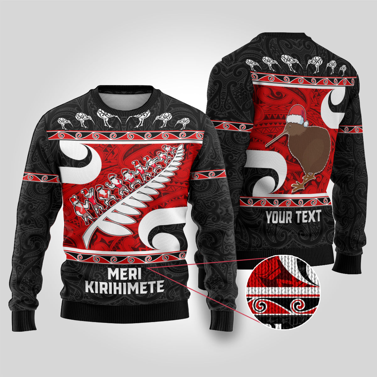 Christmas Ugly Christmas Sweater Santa Haka Fern and Kiwi Bird Tino Rangatiratanga Maori Flag Style