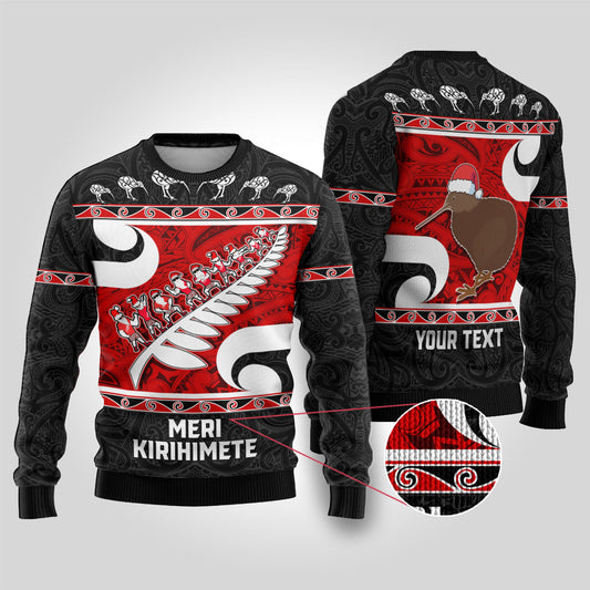 Christmas Ugly Christmas Sweater Santa Haka Fern and Kiwi Bird Tino Rangatiratanga Maori Flag Style