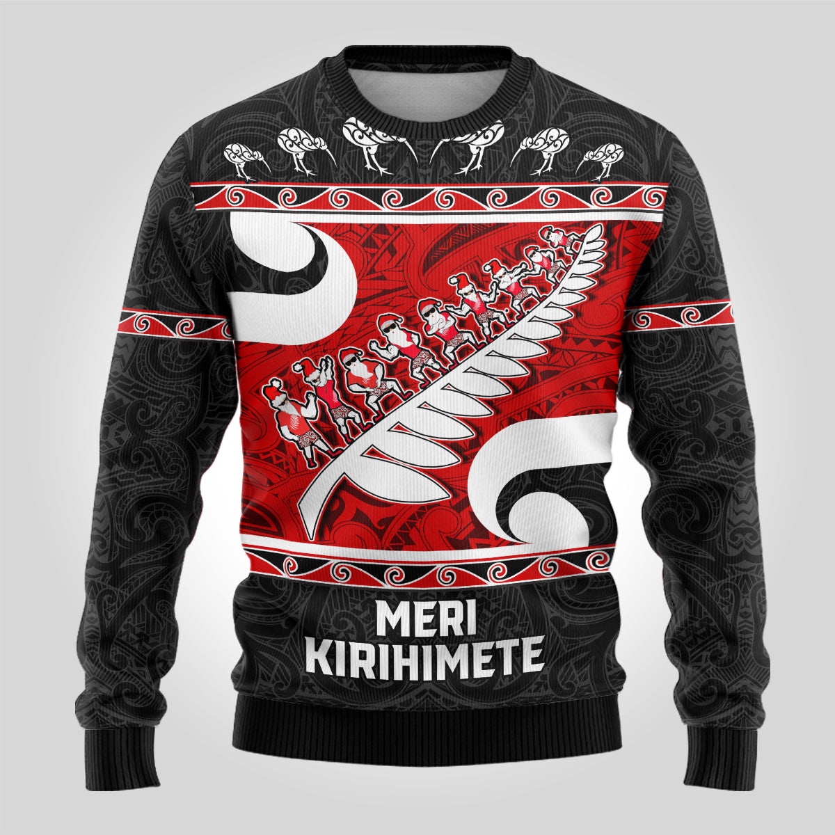 Christmas Ugly Christmas Sweater Santa Haka Fern and Kiwi Bird Tino Rangatiratanga Maori Flag Style