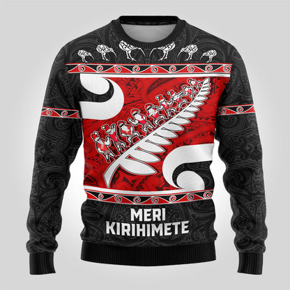 Christmas Ugly Christmas Sweater Santa Haka Fern and Kiwi Bird Tino Rangatiratanga Maori Flag Style