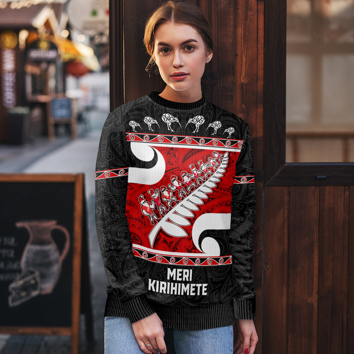 Christmas Ugly Christmas Sweater Santa Haka Fern and Kiwi Bird Tino Rangatiratanga Maori Flag Style