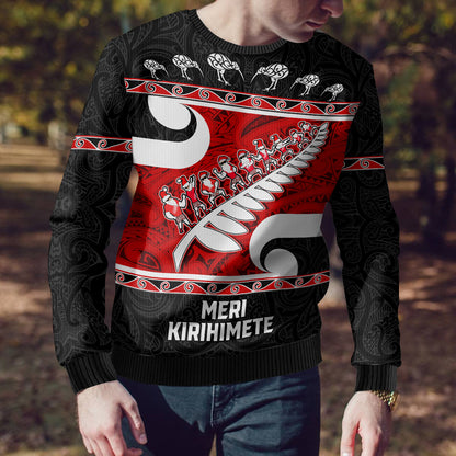 Christmas Ugly Christmas Sweater Santa Haka Fern and Kiwi Bird Tino Rangatiratanga Maori Flag Style