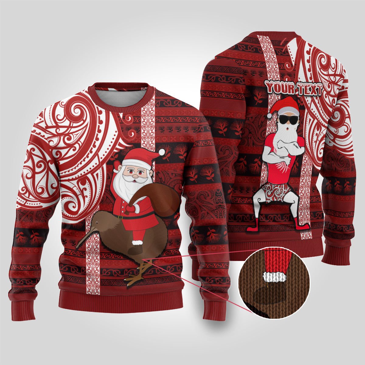 Christmas Ugly Christmas Sweater Santa Claus and Kiwi Bird Maori Tattoo Koru Pattern
