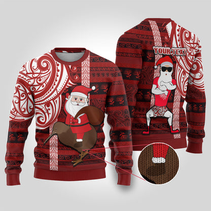 Christmas Ugly Christmas Sweater Santa Claus and Kiwi Bird Maori Tattoo Koru Pattern