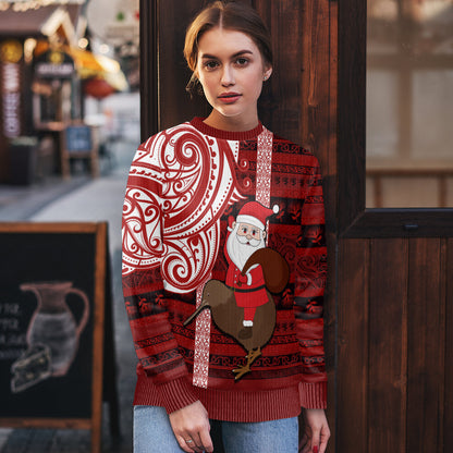 Christmas Ugly Christmas Sweater Santa Claus and Kiwi Bird Maori Tattoo Koru Pattern