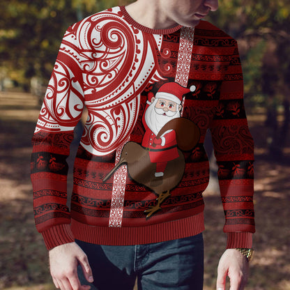 Christmas Ugly Christmas Sweater Santa Claus and Kiwi Bird Maori Tattoo Koru Pattern