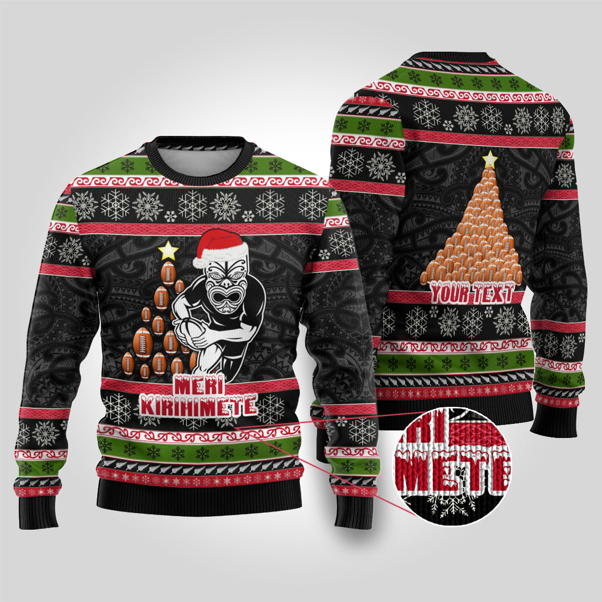 Christmas Ugly Christmas Sweater Maori Warrior with Rugby Christmas Tree