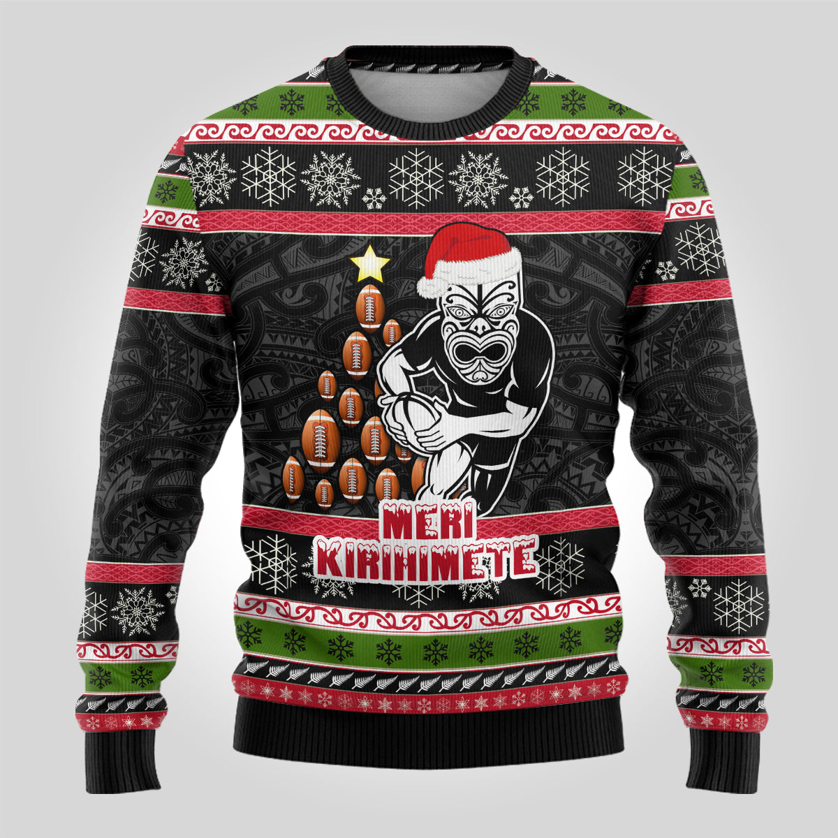 Christmas Ugly Christmas Sweater Maori Warrior with Rugby Christmas Tree