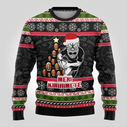Christmas Ugly Christmas Sweater Maori Warrior with Rugby Christmas Tree