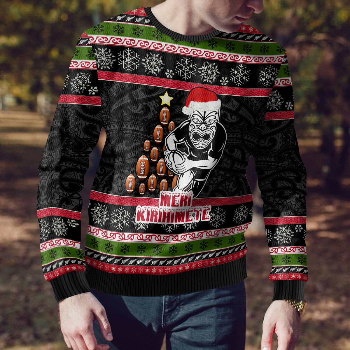 Christmas Ugly Christmas Sweater Maori Warrior with Rugby Christmas Tree