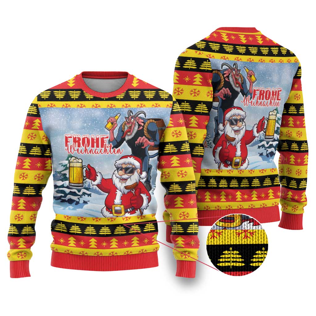 Deutschland Frohe Weihnachten Ugly Christmas Sweater Funny Santa Claus and Krampus Drink Beer Together - Wonder Print Shop