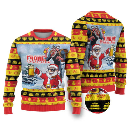Deutschland Frohe Weihnachten Ugly Christmas Sweater Funny Santa Claus and Krampus Drink Beer Together - Wonder Print Shop