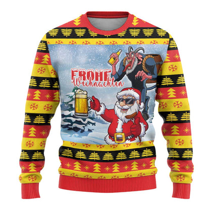 Deutschland Frohe Weihnachten Ugly Christmas Sweater Funny Santa Claus and Krampus Drink Beer Together - Wonder Print Shop