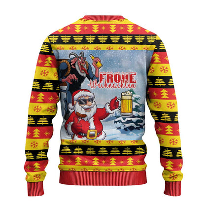 Deutschland Frohe Weihnachten Ugly Christmas Sweater Funny Santa Claus and Krampus Drink Beer Together - Wonder Print Shop