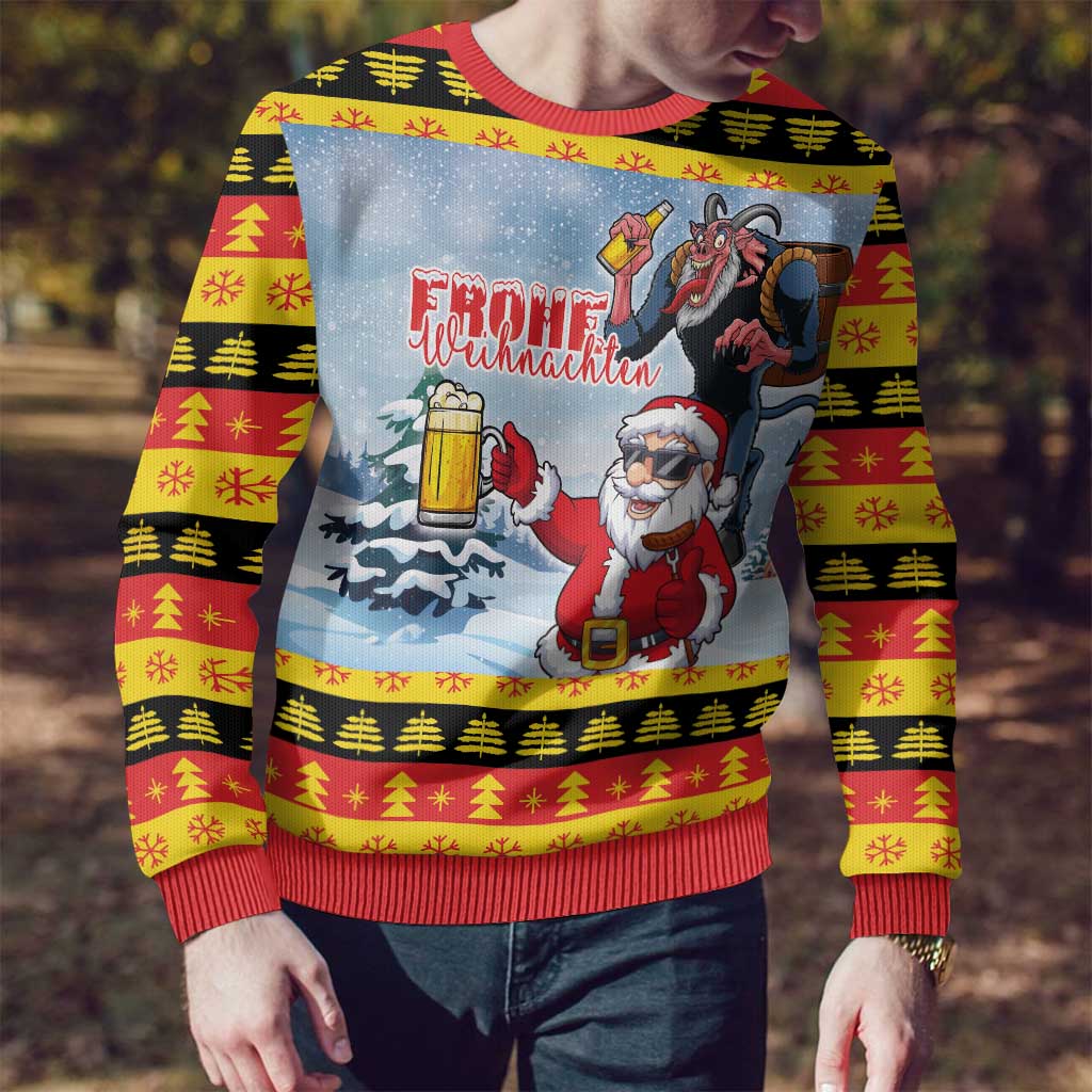 Deutschland Frohe Weihnachten Ugly Christmas Sweater Funny Santa Claus and Krampus Drink Beer Together - Wonder Print Shop
