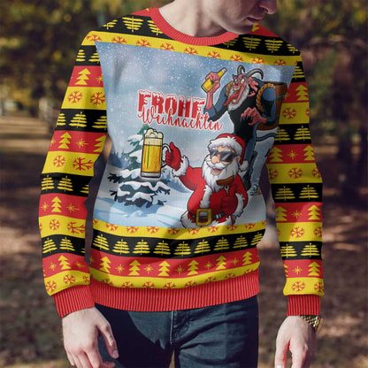 Deutschland Frohe Weihnachten Ugly Christmas Sweater Funny Santa Claus and Krampus Drink Beer Together - Wonder Print Shop