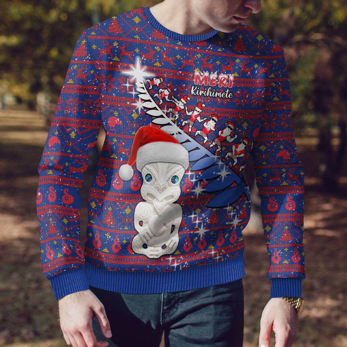 Christmas Ugly Christmas Sweater Haka Fern Santa Tiki Meri Kirihimete