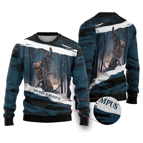 Merry Christmas Ugly Christmas Sweater Krampus in The Woods - Dark Teal - Wonder Print Shop