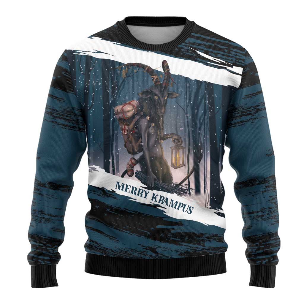Merry Christmas Ugly Christmas Sweater Krampus in The Woods - Dark Teal - Wonder Print Shop