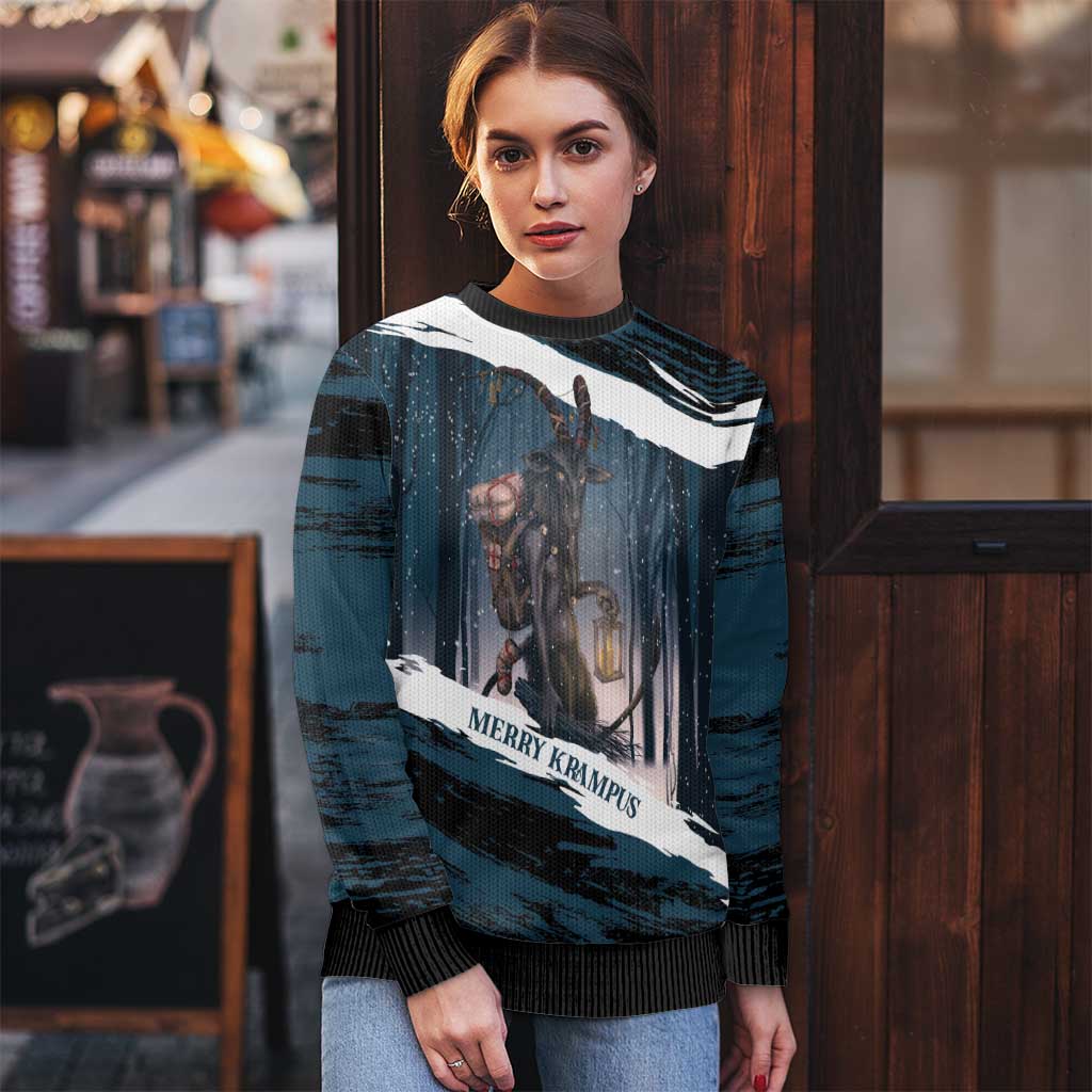 Merry Christmas Ugly Christmas Sweater Krampus in The Woods - Dark Teal - Wonder Print Shop