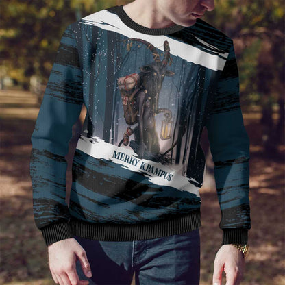 Merry Christmas Ugly Christmas Sweater Krampus in The Woods - Dark Teal - Wonder Print Shop