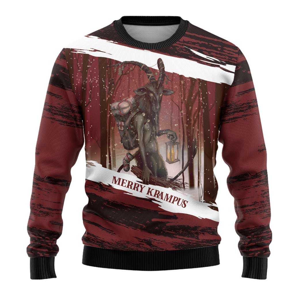 Merry Christmas Ugly Christmas Sweater Krampus in The Woods - Red - Wonder Print Shop