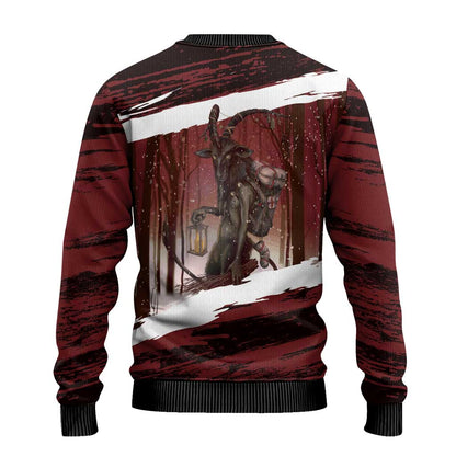 Merry Christmas Ugly Christmas Sweater Krampus in The Woods - Red - Wonder Print Shop