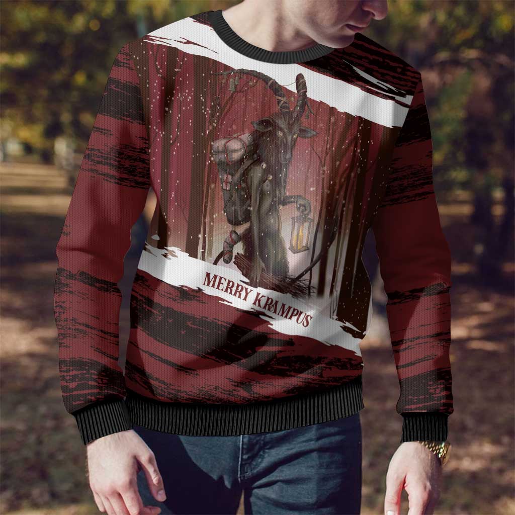 Merry Christmas Ugly Christmas Sweater Krampus in The Woods - Red - Wonder Print Shop