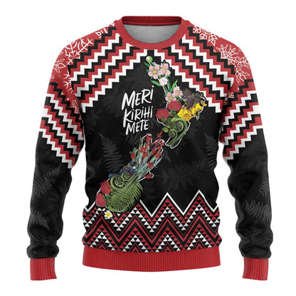 Christmas Taniko Poutama Ugly Christmas Sweater Flora Map with Birds