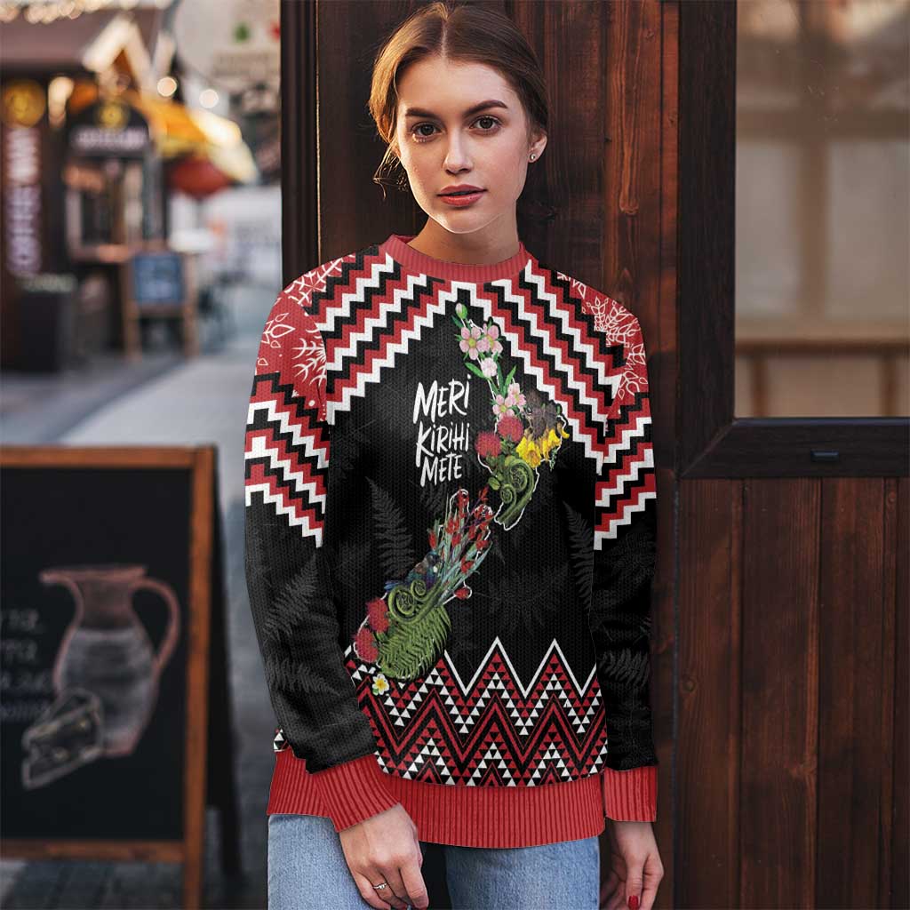 Christmas Taniko Poutama Ugly Christmas Sweater Flora Map with Birds