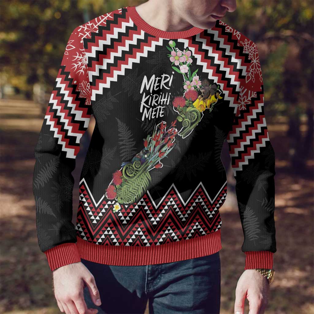 Christmas Taniko Poutama Ugly Christmas Sweater Flora Map with Birds