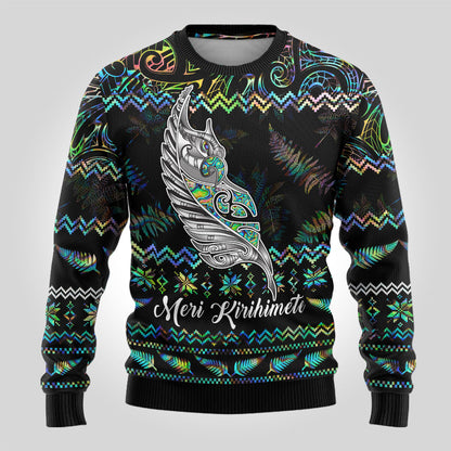Christmas Ugly Christmas Sweater Maori Fern Manaia Meri Kirihimete with Papaua Shell