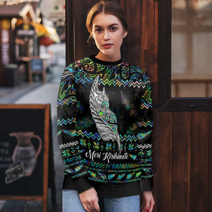 Christmas Ugly Christmas Sweater Maori Fern Manaia Meri Kirihimete with Papaua Shell